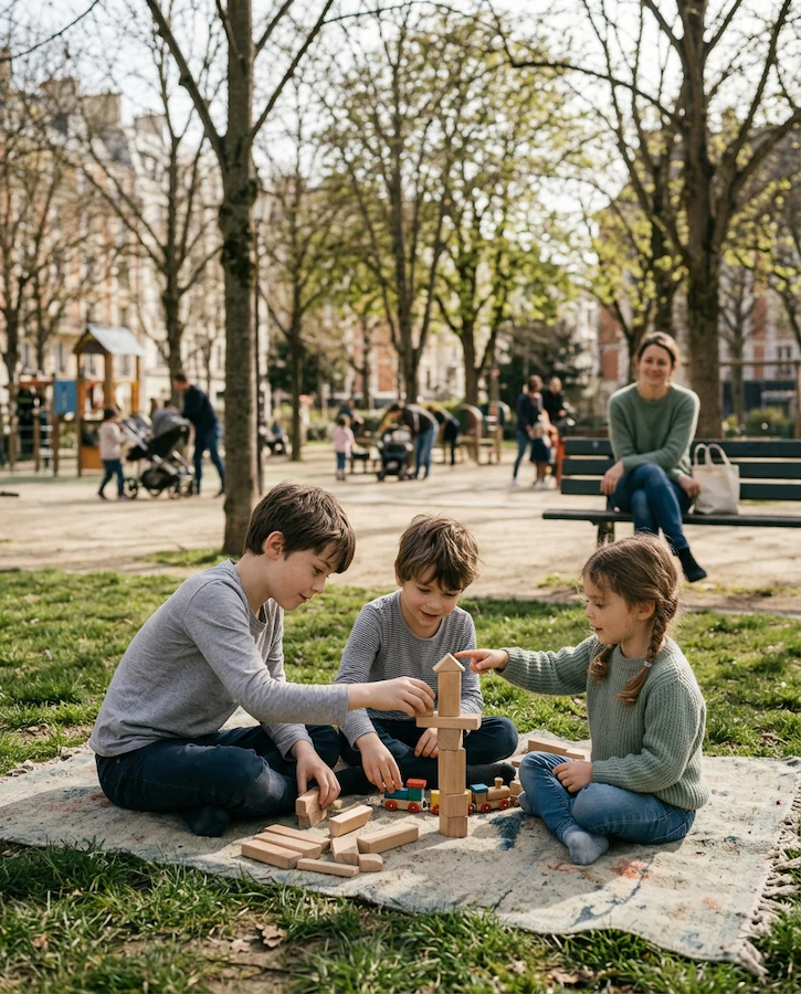 Drei Kinder bauen draußen gemeinsam mit Holzklötzen
