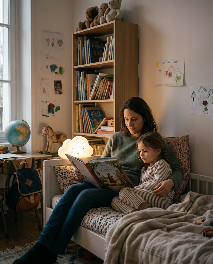 Mutter liest mit ihrer Tochter, die sich in einem Kinderzimmer an sie lehnt