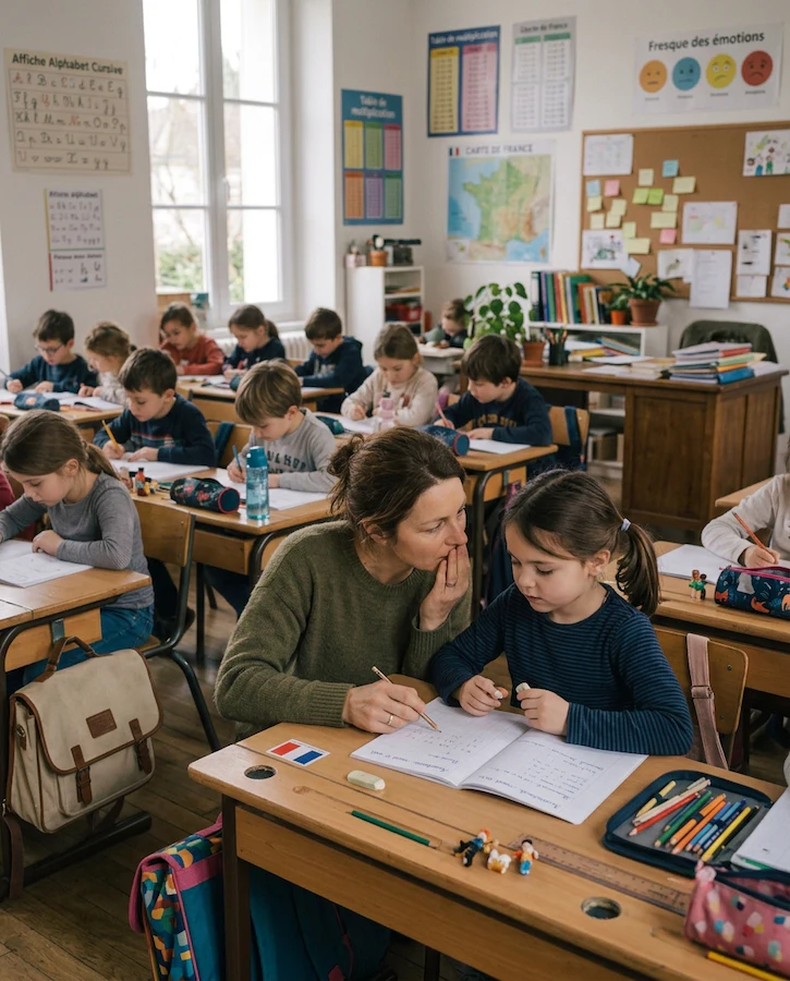 Lehrerin beugt sich im Klassenraum zu einer Schülerin